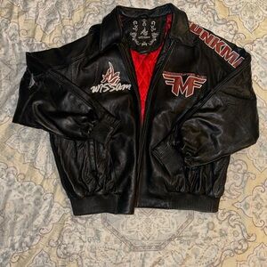 Black Leather Bomber Jacket with Red Lining